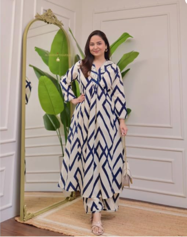 JD Finishing Women's Rayon Kurta Palazzo Set, Pink and Beige Geometric Print, 3/4 Sleeve